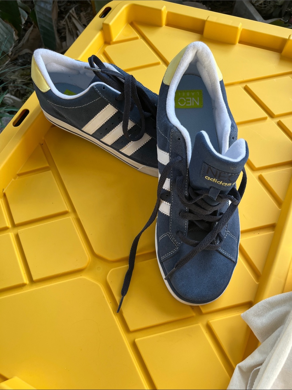 adidas Men’s Navy Suede Sneakers with White Stripes and Yellow Heel